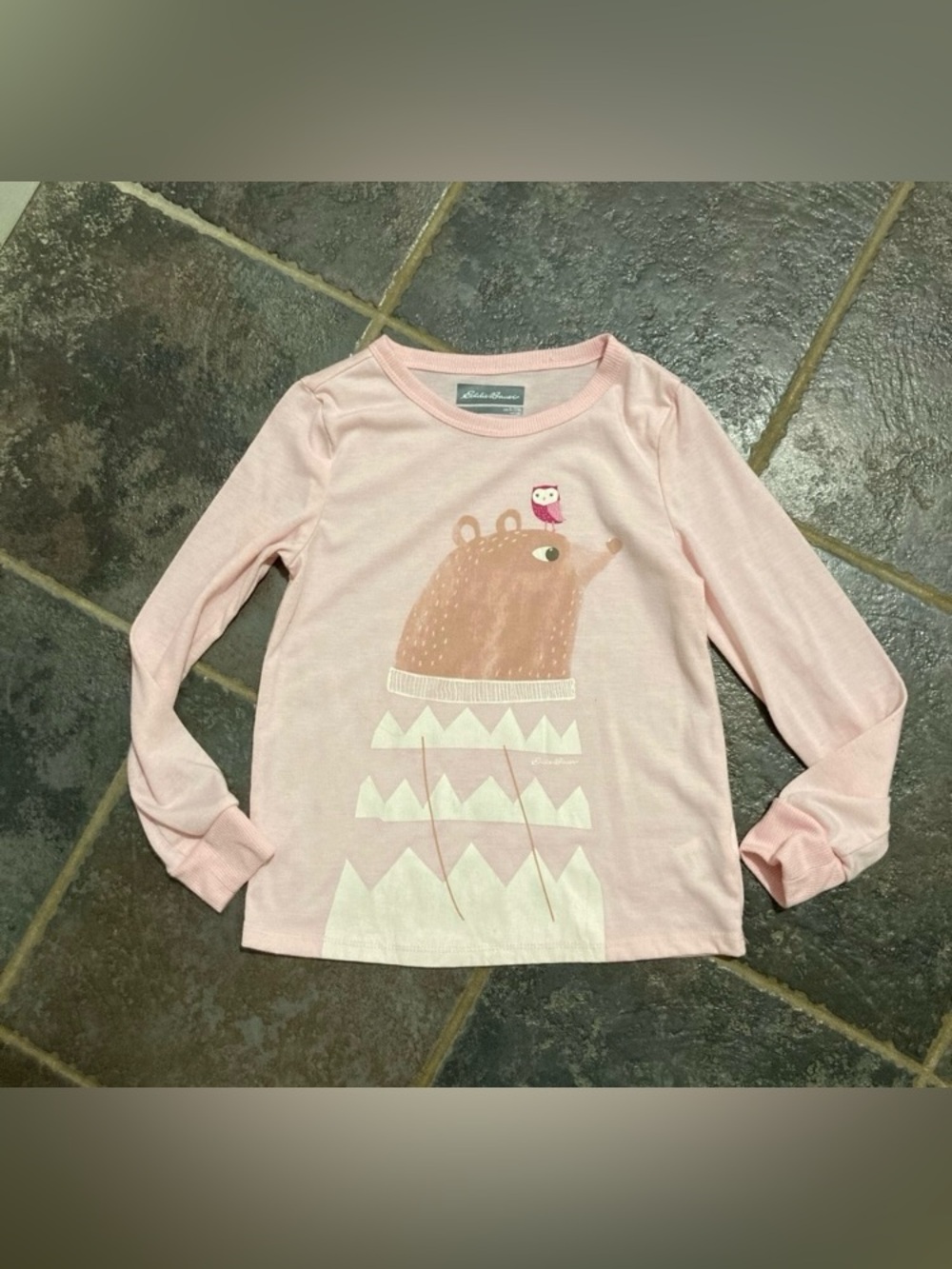 Eddie Bauer Light Pink Bear & Owl Long Sleeve Tee Girls Size 7/8